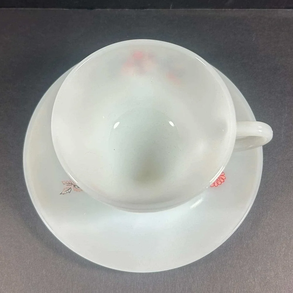 Fire-King Cup and Saucer Set White Floral Milk Glass Vintage Mid-Century